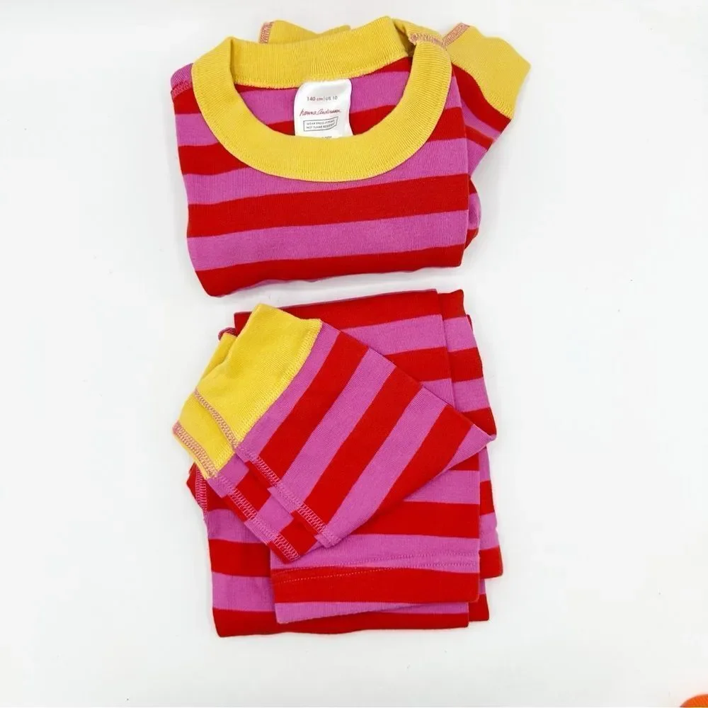 Hanna Andersson Striped Long John Pajama‎ Set in  Pink/Red Organic Cotton Sz 10